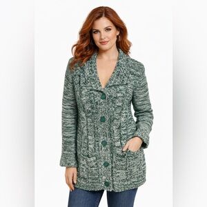 Vintage 70s Space Dyed Green Button Front Cardigan | Retro Knit Sweater